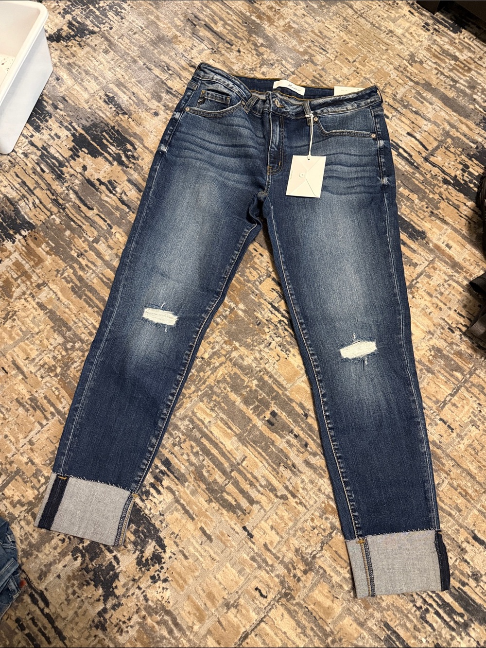 KanCan Medium Blue Distressed Boyfriend Jeans with Cuffs